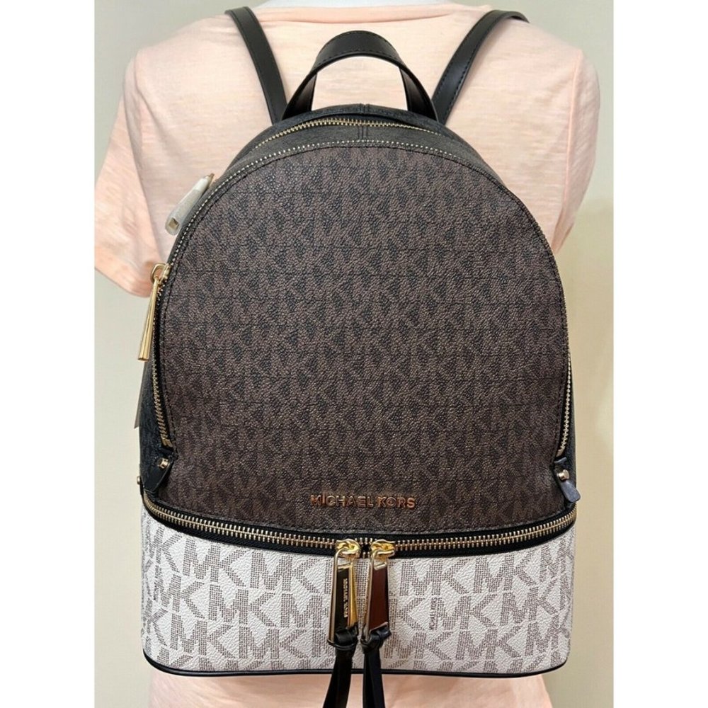 Michael Kors Rhea Zip Medium Leather MK Signature Backpack School Bag